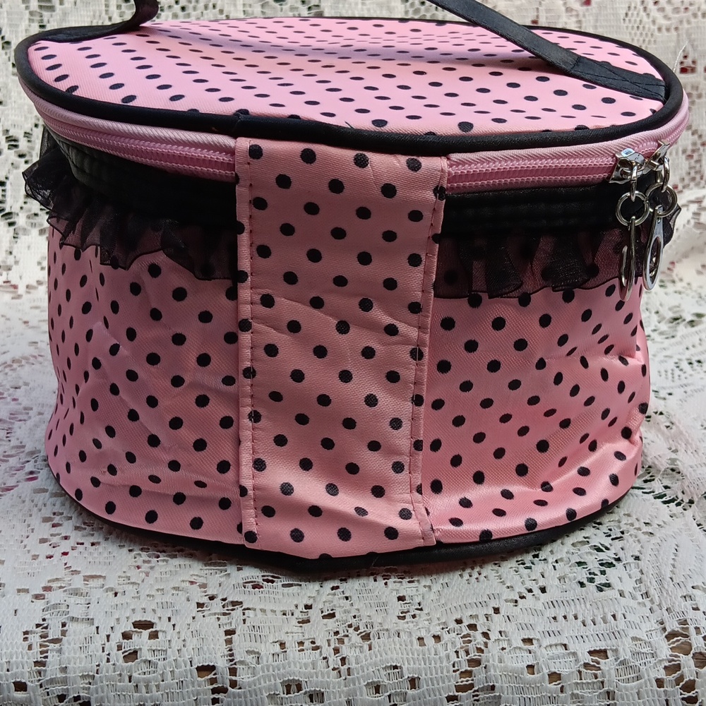 🆕️EXTRA LARGE VINTAGE PINK & BLACK POLKA DOT ZIPPERED COSMETIC BAG WITH POCKETS - Picture 11 of 16